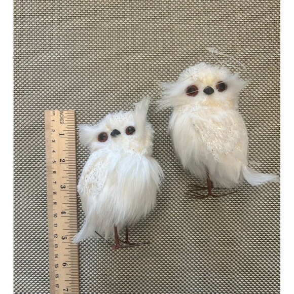 Set of 2 White Feathered Owls Glass Eyes Glitter Christmas Ornament Floral Arran - Picture 4 of 4